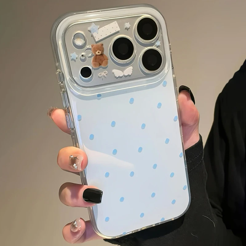 Niedliche kleine Bären-Schleifen-Polka-Dot-Muster Silikon-Handyhülle für iPhone 18 17 16 15 14 13 12 11 Pro Max Stoßfeste Schutzhülle
