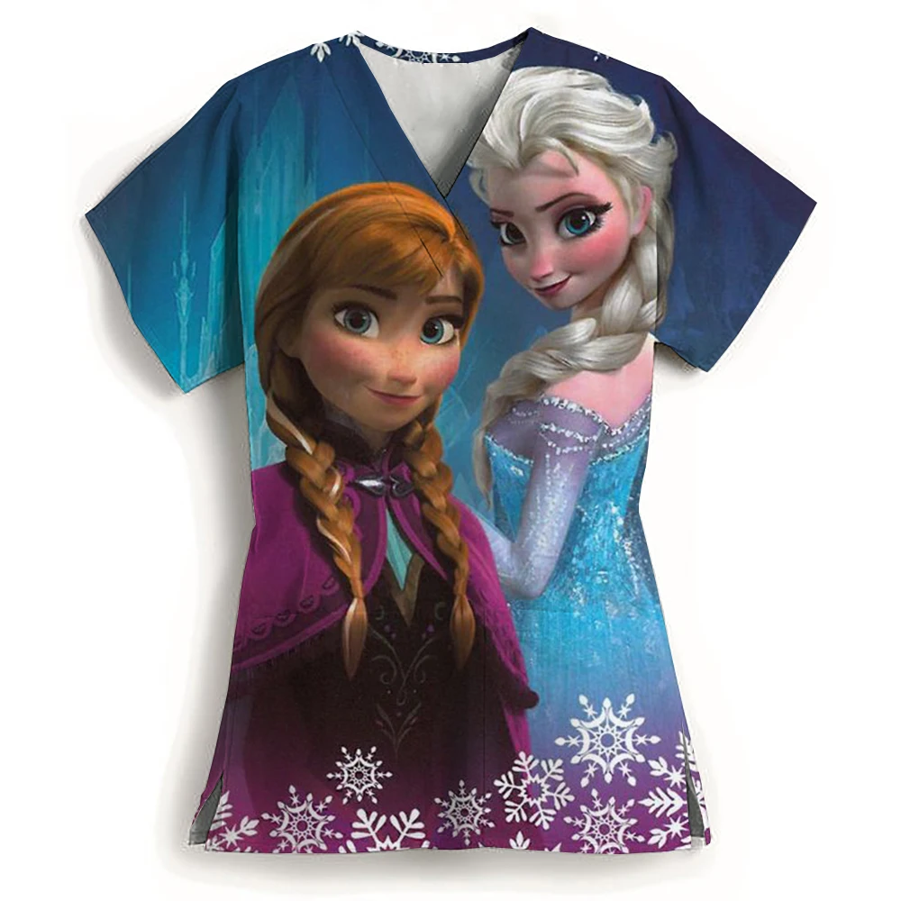 Women Working Uniform Disney Princess Print Frozen Elsa Short Sleeve V-neck Tops Femme Blouse Nurse work wear Medical Uniforms