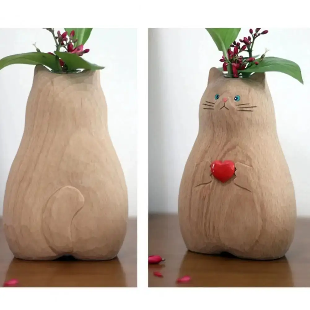 Wood Grain Cat Vase Heart Cat Vase Handmade Resin Love Heart Cat Flower Vase Cartoon Kitten Holder for Floral Plants Home Office