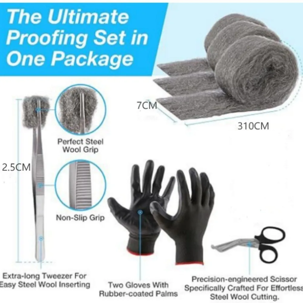 Steel Wool 3 Pack for Home and Garage Gap Filling Comes with Scissors and Gloves Resistant to Chewing and Maintains Airflow