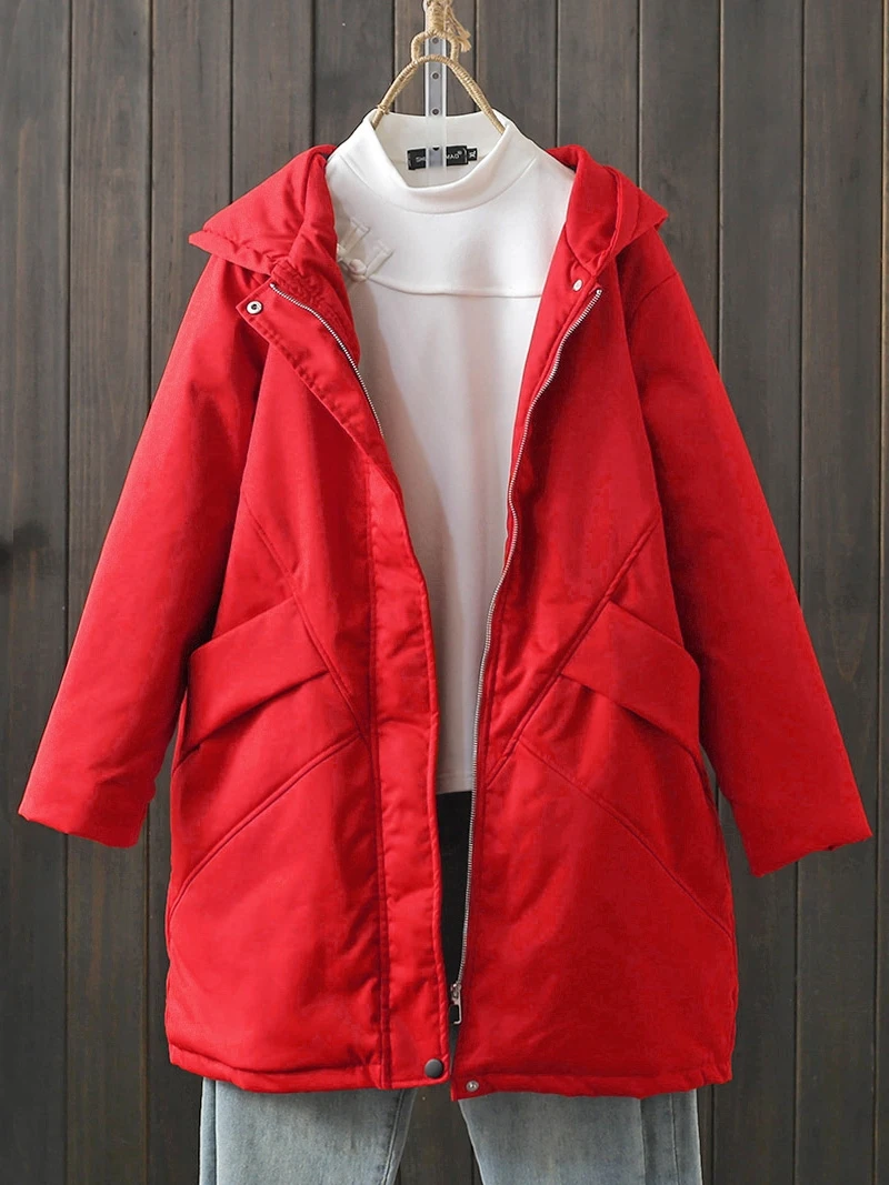 

plus Size Winter Jacket Warm Duck down Cotton Coat Loose Fit Hooded Red Celebratory Slimming Korean Style Women's Clothing