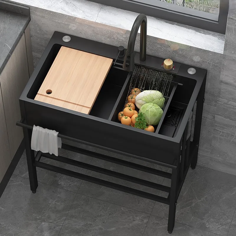 Household kitchen stainless steel sink vegetable basin balcony single sink sink integrated floor type dishwasher with bracket