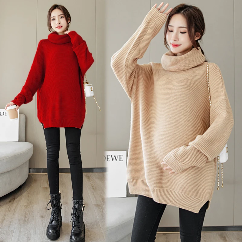 Maternity Sweaters  Winter Turtleneck Loose Pullovers Thick Warm Knitted  Clothes for Pregnant Women Pregnancy Tops