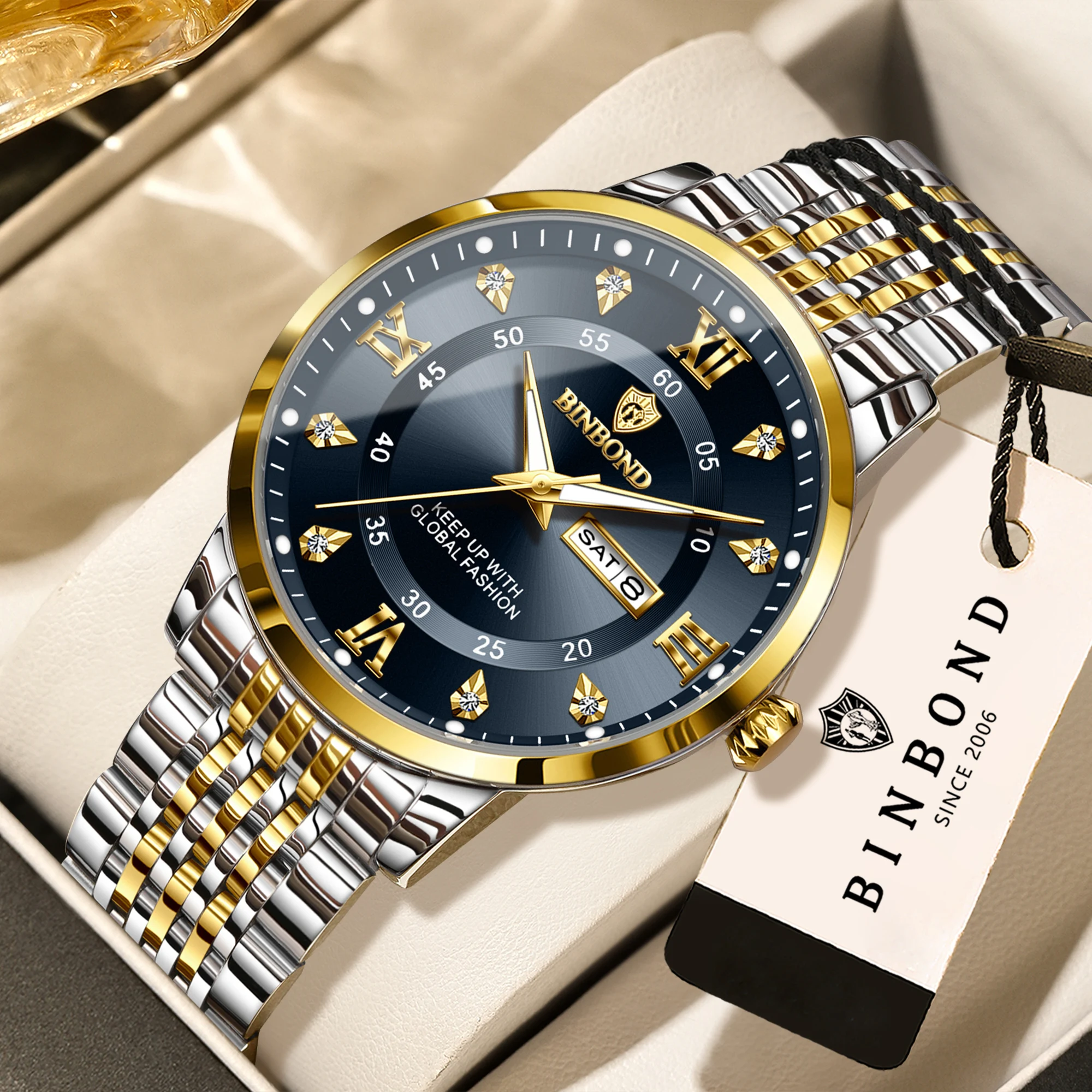 BINBOND Luxus Quarz-Armbanduhren Leuchtend Wasserdicht Wochenanzeige Herrenuhr Business Sport Mode Casual Reloj Geschenkuhr