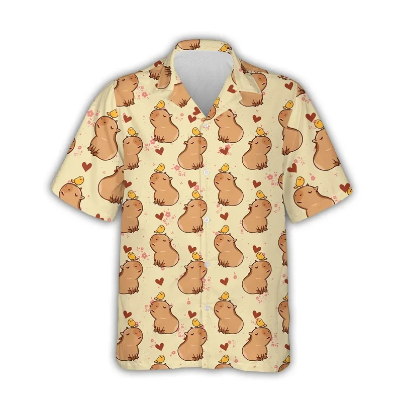 Kawaii Capybara Patroon Shirt Heren 3d Bedrukt Hawaii Aloha Strand Heren Shirt Met Korte Mouwen Cool Top Revers Shirt