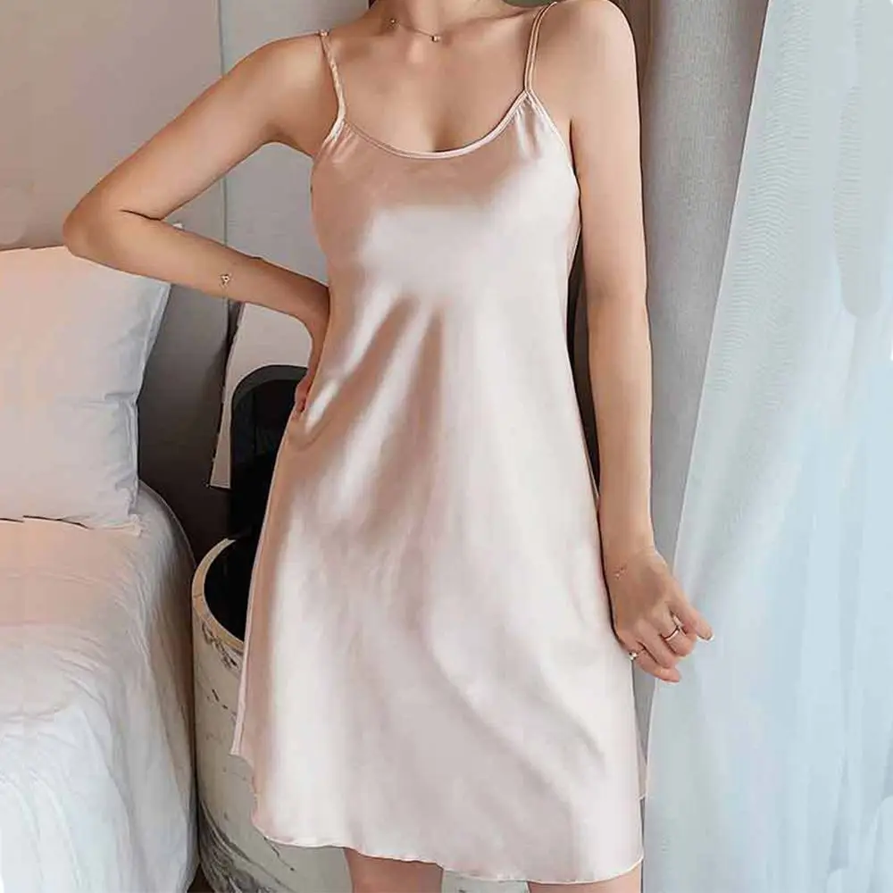 Sexy Summer Solid Color Female Homewear Pyjamas Ice Silk Suspender  Nightdress Women Sleepwear Sling Nightdress