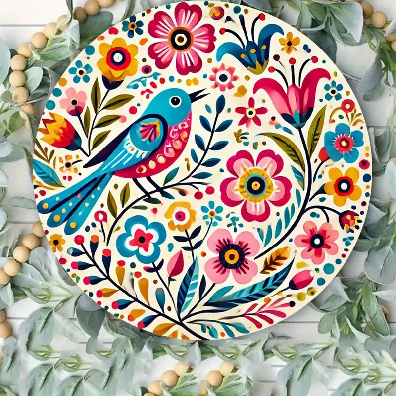 2D Colorful Bird and Flower Round Wall Art |  Aluminum Print,Fade-Resistant, Rust-Proof Decor for Home, Restaurant, Cafe,Garage