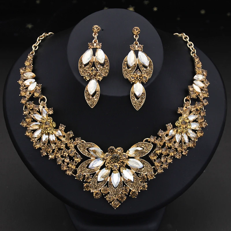 Elegant Champagne Crystal Bridal Jewelry sets and Wedding Crown Tiaras Bride Necklace Earring Dubai Jewelry set Accessories