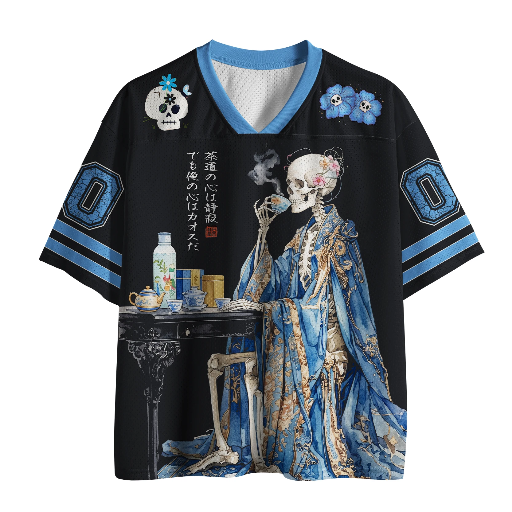 Gothic Dark Art Mesh Football Jersey,V Neck Short Sleeve Unisex Streetwear,Vintage Bat Skull Skeleton Crow Graphic Halloween Top