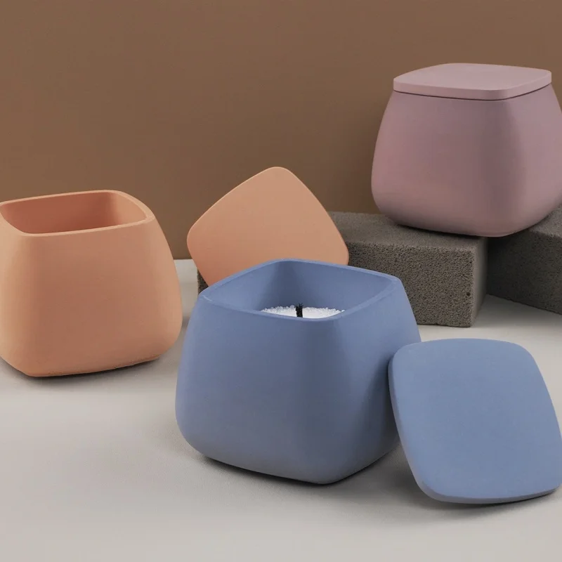 Tasse à bougie carrée avec couvercle, ciment carré, plâtre, moule en Silicone, bougeoir, pot de rangement d'ornement, moule en résine, décoration de la maison