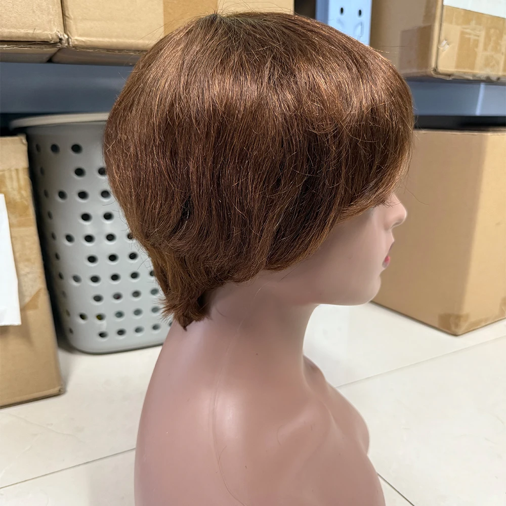 4 # قصيرة عابث قطع شعر مستعار شعر الإنسان الشوكولاته براون خصلات الشعر المستعار الإنسان للنساء الصبي قطع شعر مستعار Duby رخيصة مع الانفجارات آلة صنع الباروكات #2