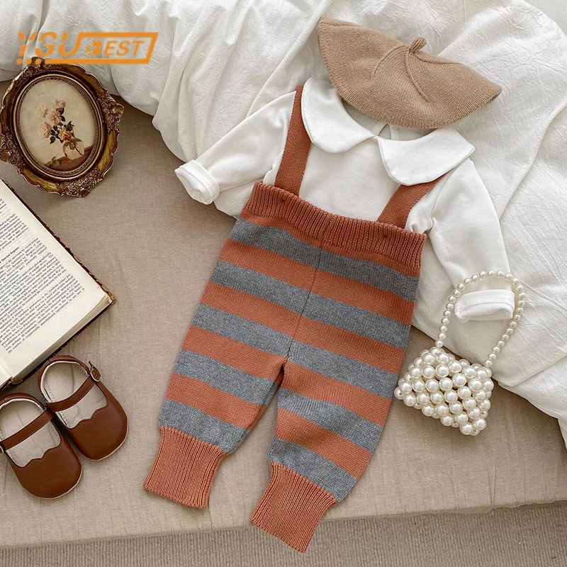 Infant Baby Girls Long Sleeve Solid Color T-shirt+Stripe Knit Jumpsuit Autumn Newborn Kids Baby Girls Clothes Rompers