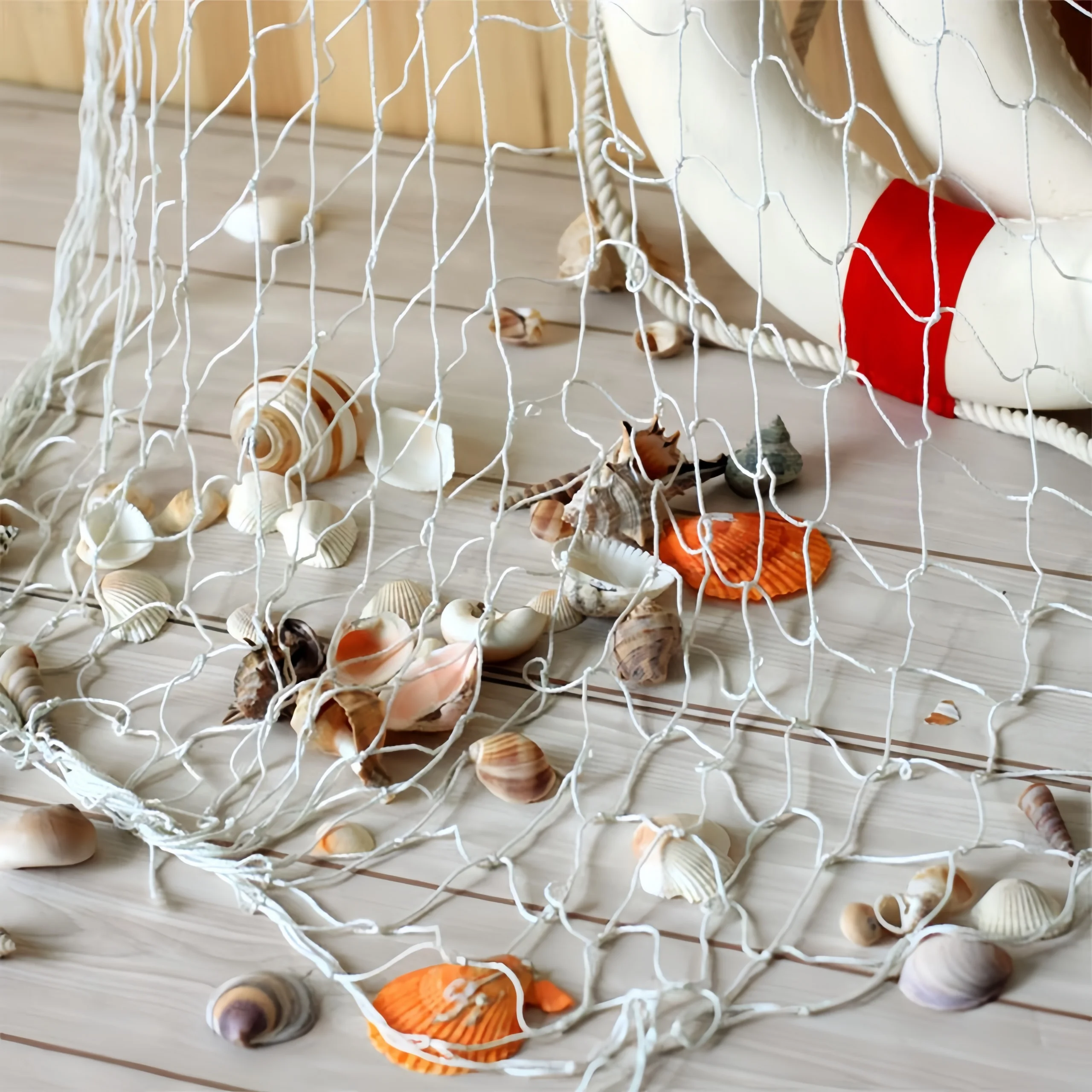 Fischnetz-Wanddekoration mit Muscheln - Dekoratives Fischernetz im nautischen mediterranen Stil aus Baumwolle zum Aufhängen von Fotos – Detail 3
