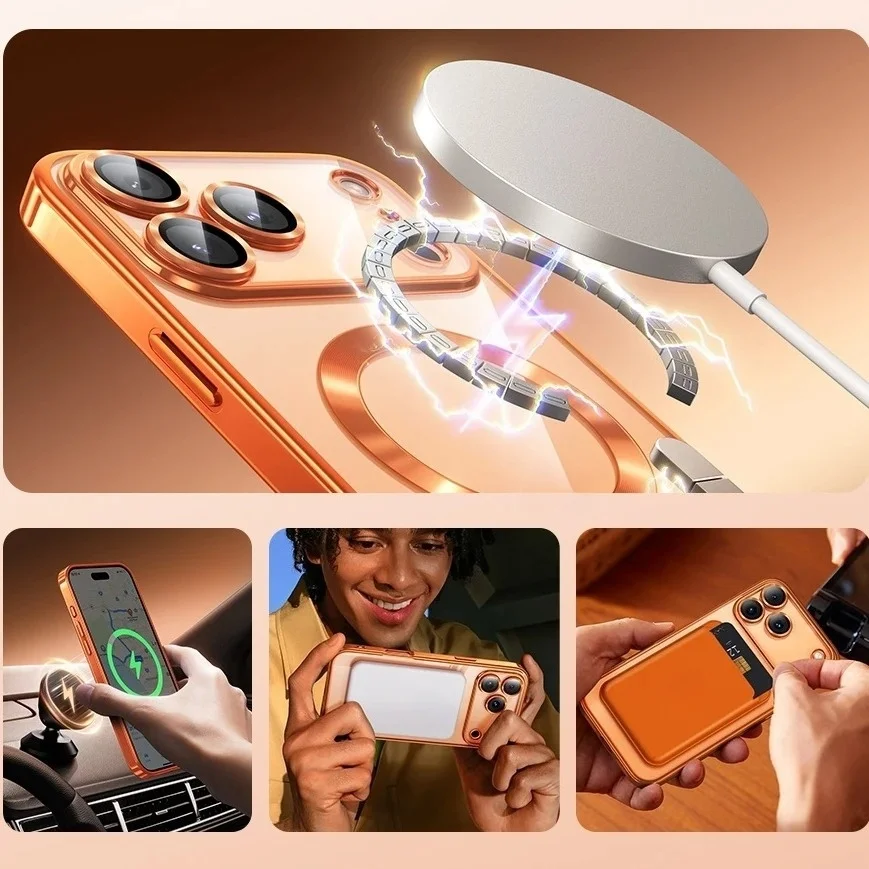 Funda magnética transparente electroplateada de lujo para iPhone 17 Air 16 15 14 13 12 11 Pro Max Plus, con protección de lente 5