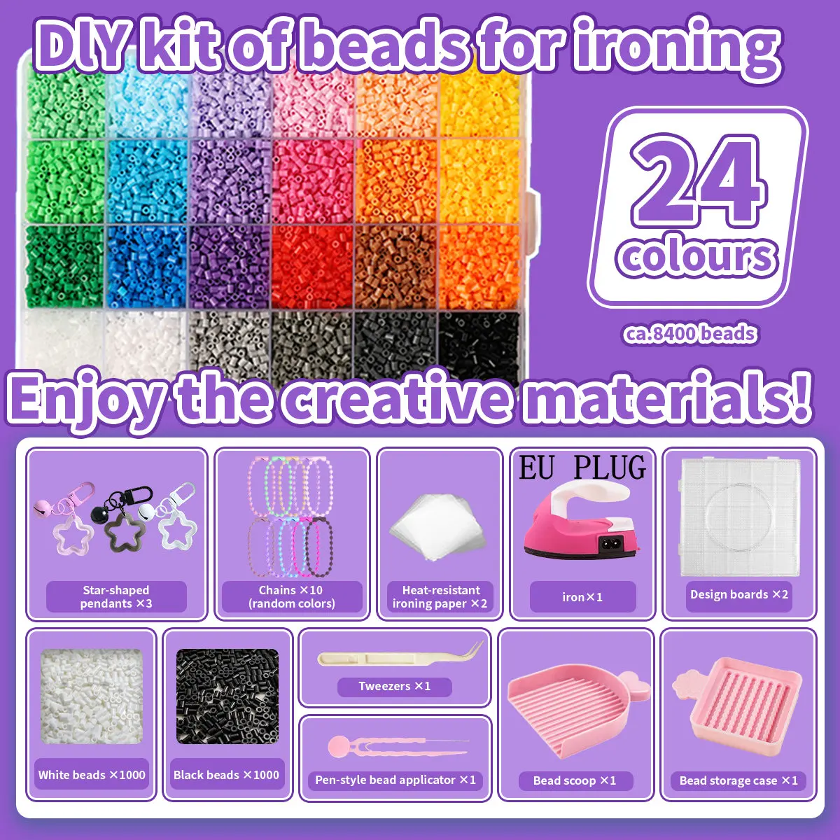 2,6mm Bügelperlen-Set 144 Farben All-in-One Mini-Perlen-Set mit Steckplatten, Mini-Bügeleisen, Pinzette Pixel-Art DIY Bastelset für Erwachsene