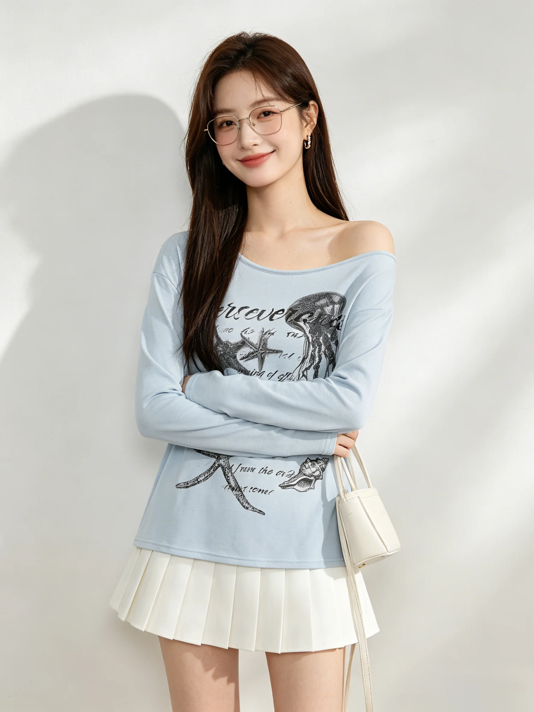 Simple Korean Style Printed Asymmetrical Shoulder T-Shirt Sun Protection Cover up Summer Backless Design Versatile Slimming Top