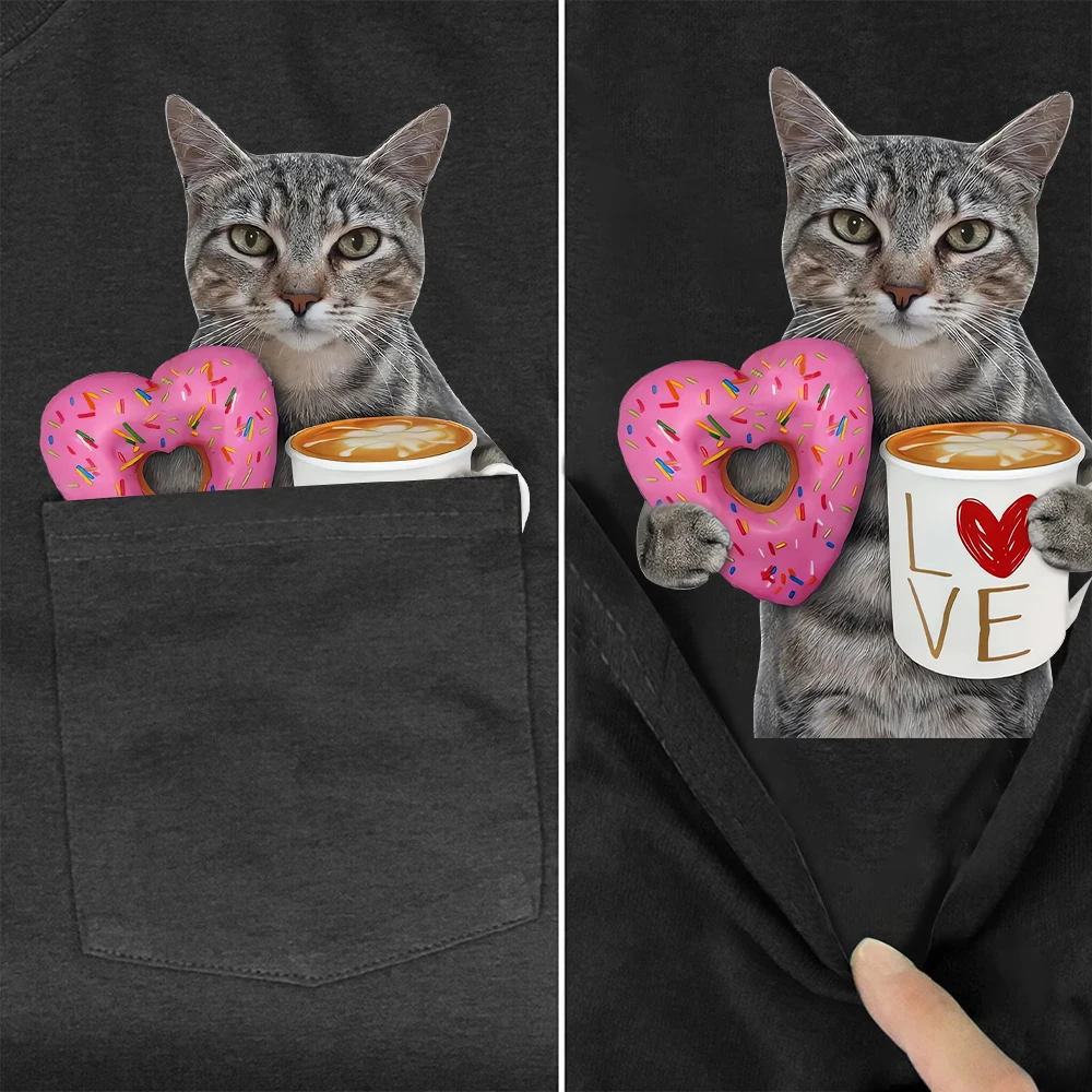 CLOOCL Tabby Cats T-Shirt Heart Shaped Donut Coffee Kitten Double Middle Fingers Pocket Cotton T-shirt Men Clothing Dropshipping