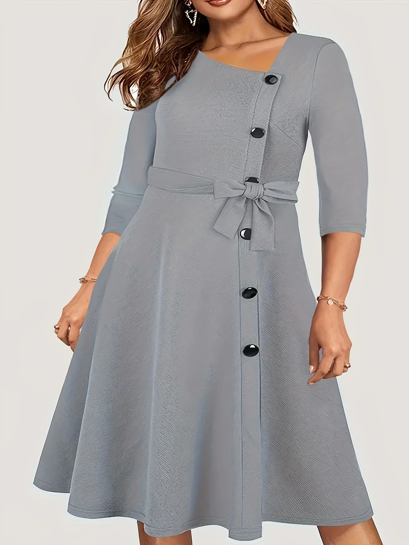 

Plus Fashion Asymmetrical Solid Color Party Neck Casual Bow Buttons Elegant A Line Dress