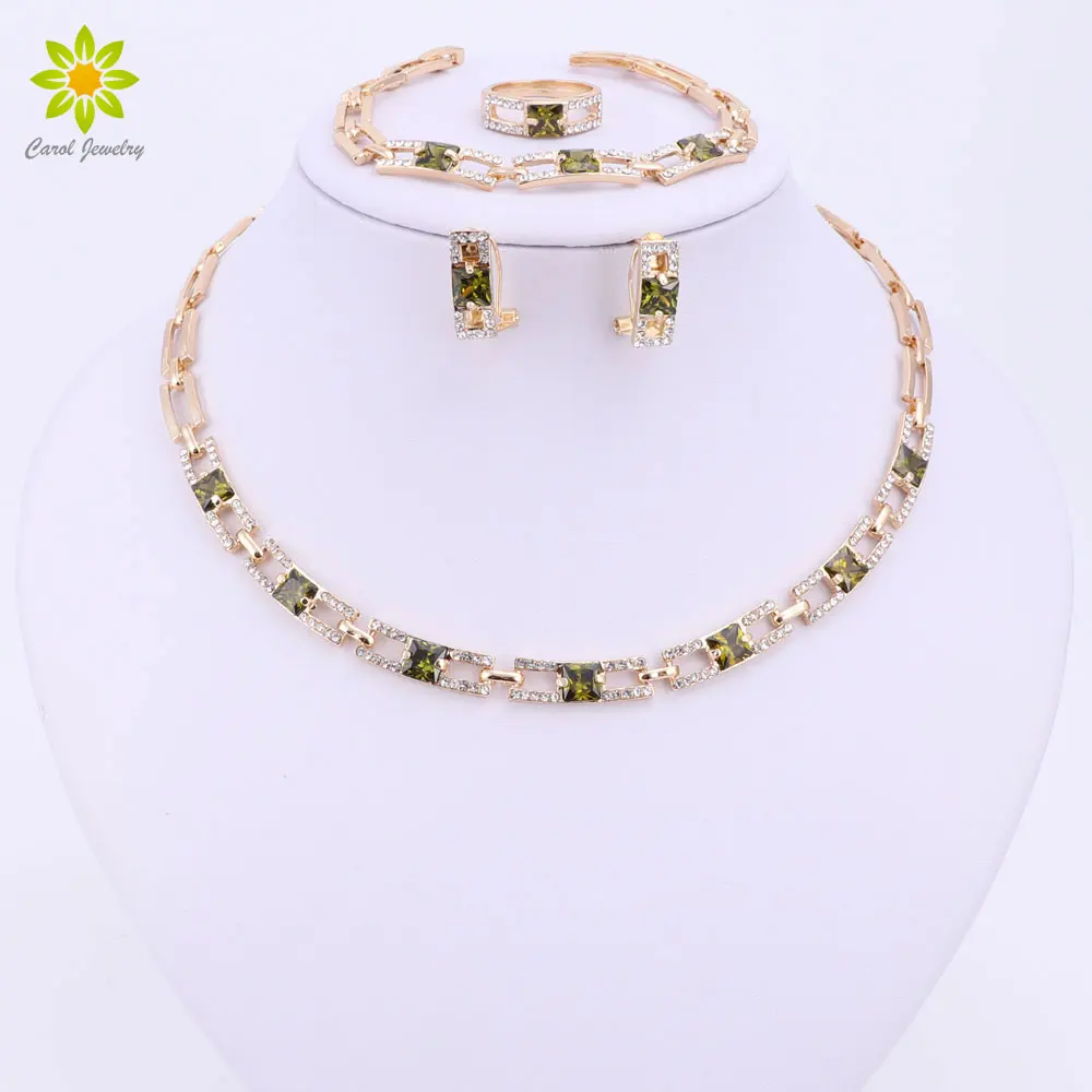 Wedding Party Necklace Jewelry Sets For Women Fashion Green Crystal&Rhinestone Gold Color Pendant Accessories