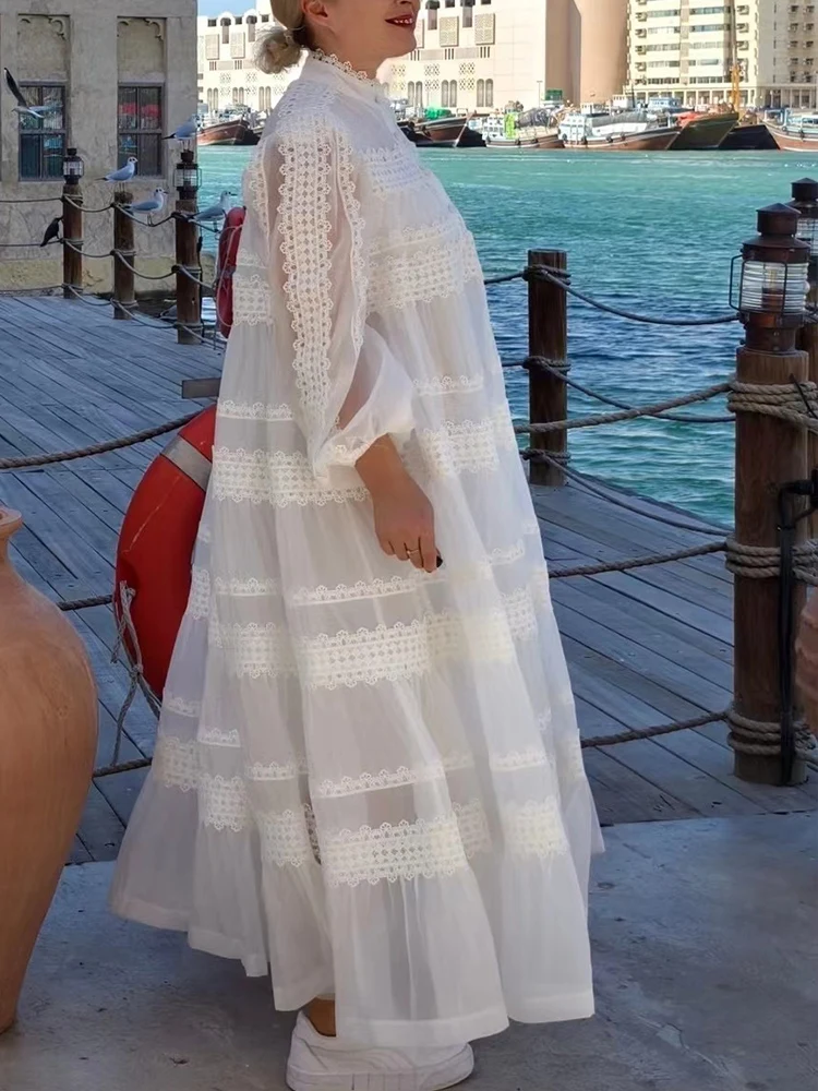 Retro fashion long-sleeved heavy stitching lace dress 2024 spring new women\'s single-breasted lace waist swing loose dress