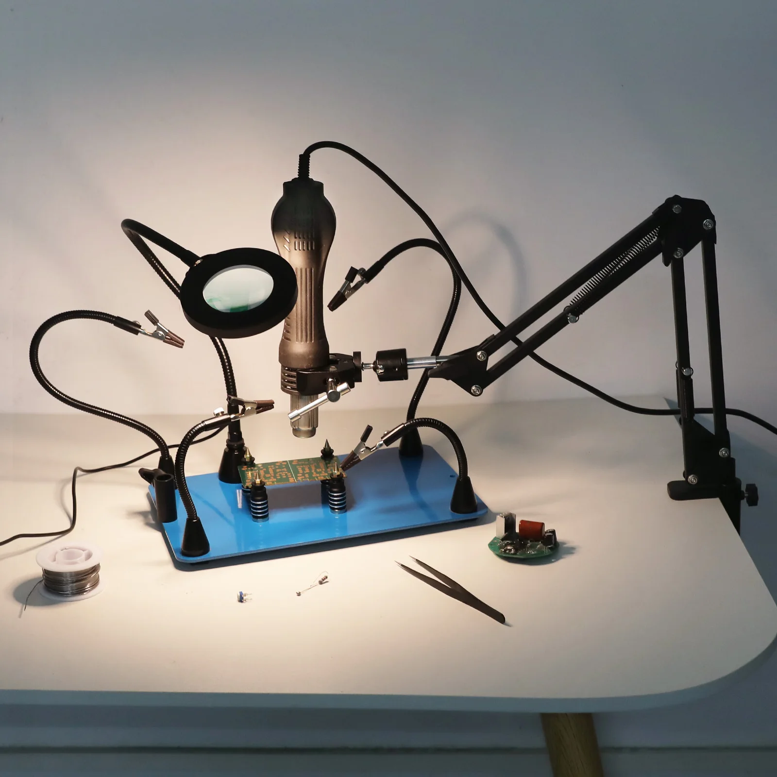 NEWACALOX soldadura magnética tercera mano ayuda a las manos soporte de pistola de aire caliente soporte de PCB de soldadura con USB 3X/5X lámpara de lupa LED
