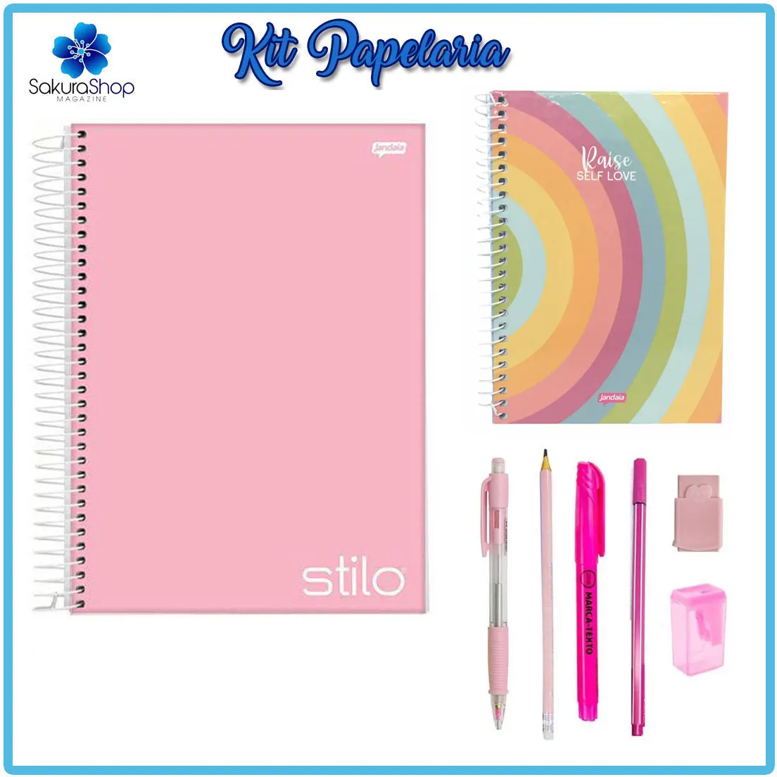 Kit Papelaria Tons de Rosa Cor Rosa Arco Iris Escolar Neon Pastel