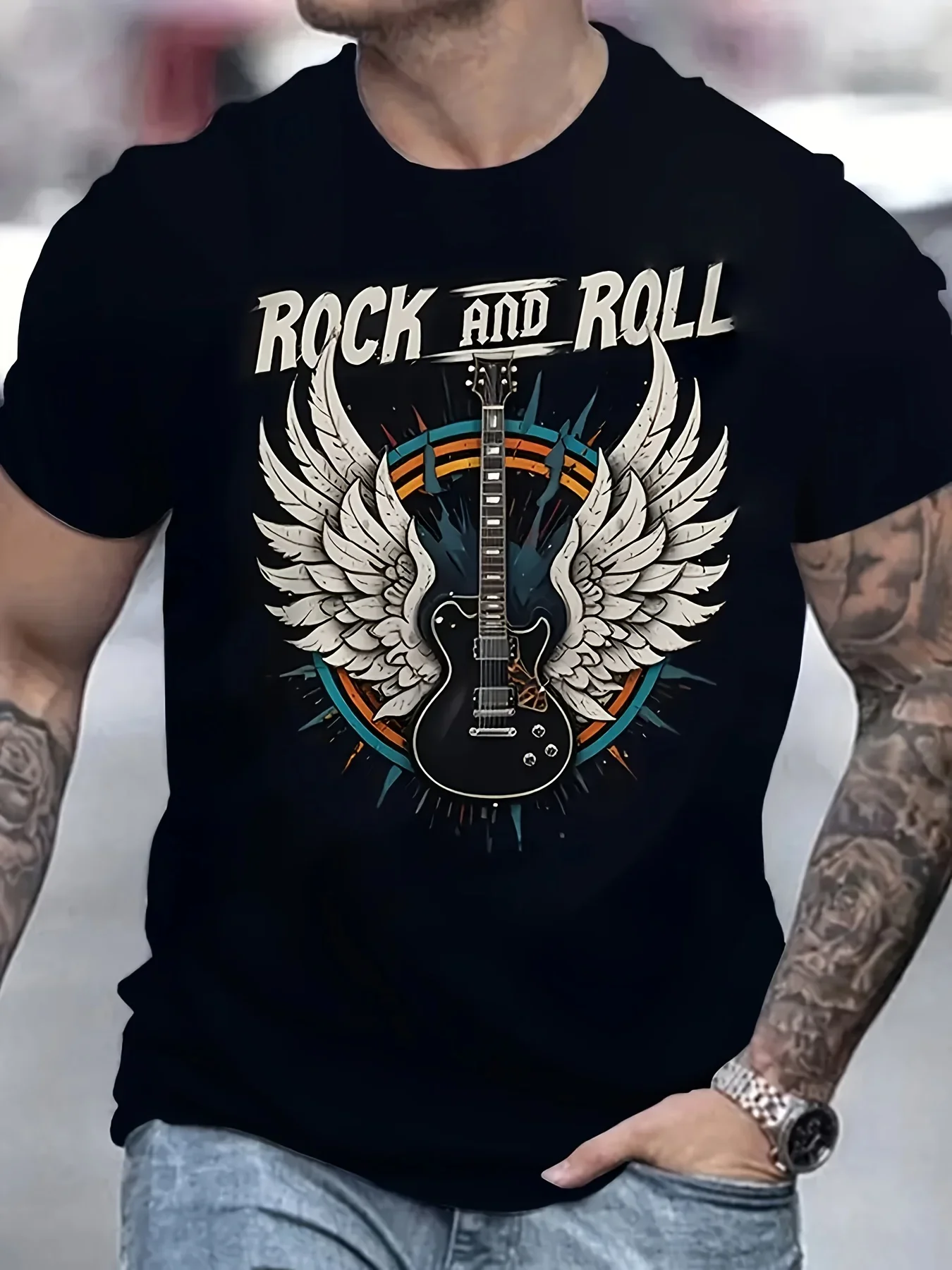 

A Men'S Rock Guitar Print T-Shirt - a Polyester Sporty Boat Neck Tee with Slight Stretch - Summer Patterned Casual Streetwear