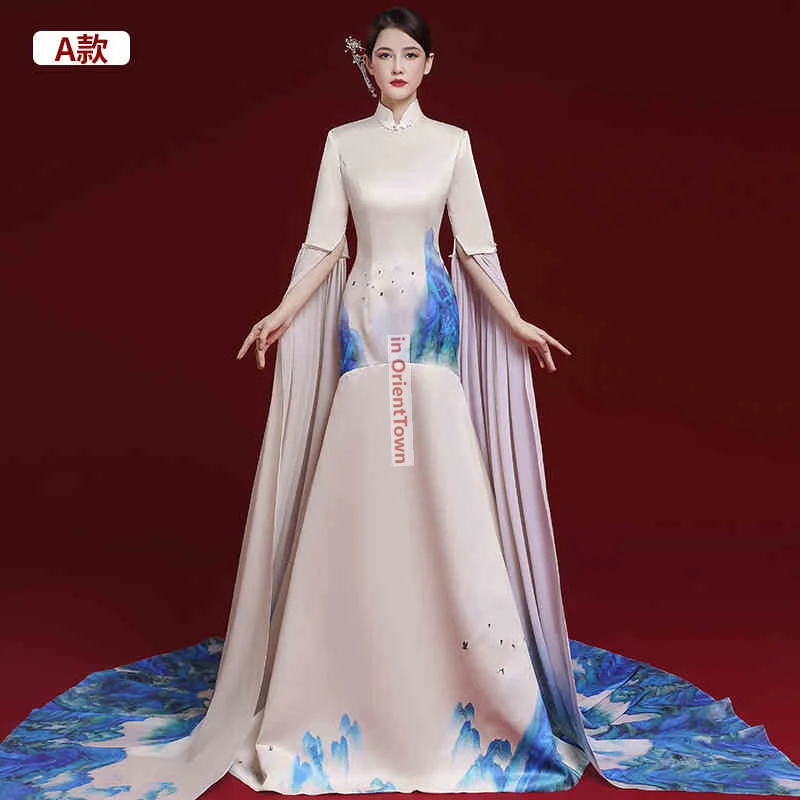 여성 모델 워킹 화려한 치파오 거정 공연 예술 시험 보컬 리딩 가수 의상 앵커우먼 정장 드레스