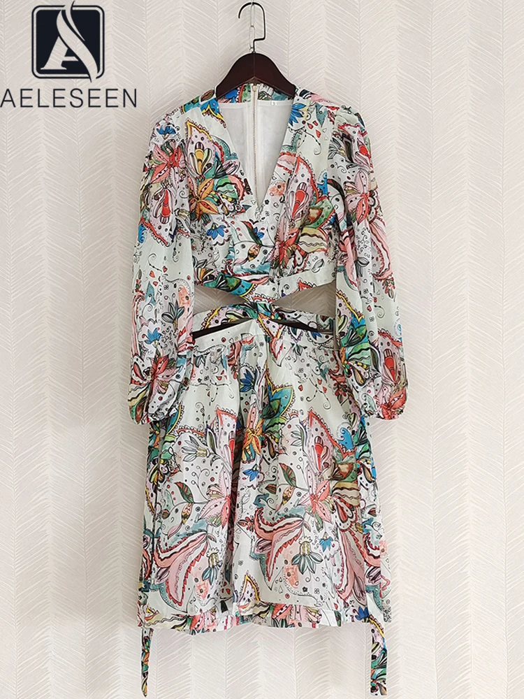 

AELESEEN Designer Fashion Women Dress V-Neck Flower Print Long Sleeve Female Chic Wasit Hollow Out Midi Sexy Club Vestidos