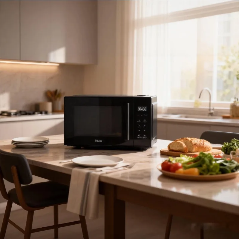 Touch-controlled stainless steel microwave oven with digital timer in a compact design