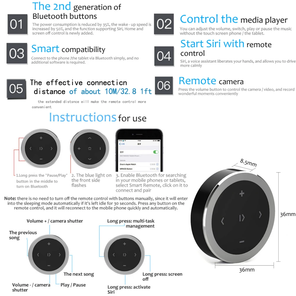 kebidu Car Motorcycle Steering Wheel Music Play Remote Control Wireless Bluetooth Media Button for iOS/Android Phone