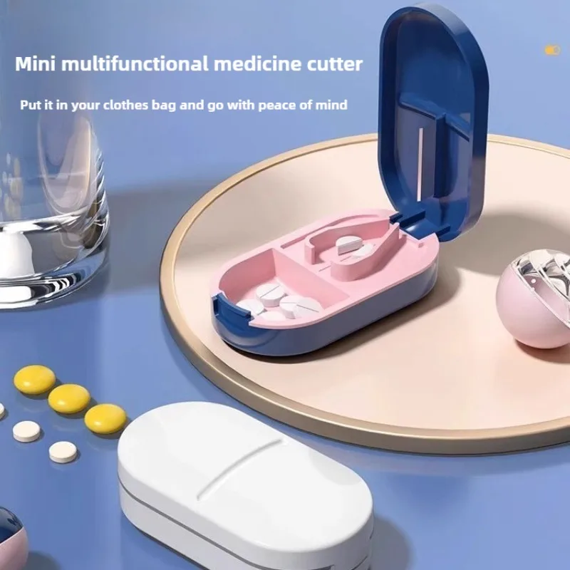 Portable Pill Cutter and Organizer Box with Quarter Splitter Medicine Storage Case for Vitamins Tablets Daily Medication