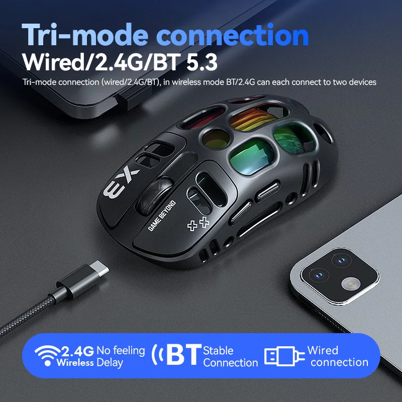 T-WOLF X3 Wireless Gaming Mouse Triple Mode 2.4G BT Wired Hollow Out RGB Light Mechanical Ergonomic Esports Mice For Computer