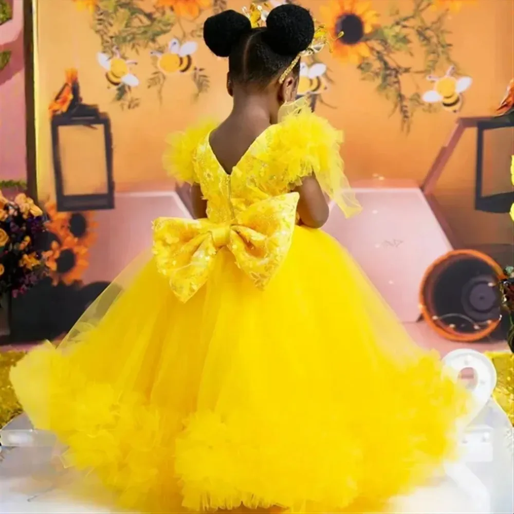 Vestido de niña de flores personalizado de lujo para boda, apliques amarillos con lazo, manga corta, vestido de comunión para graduación de cumpleaños