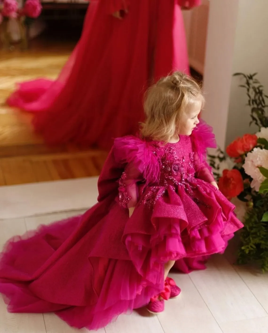 Robe de demoiselle d'honneur pour mariage, nœud gonflé avec train, manches longues, plume, princesse, robe d'anniversaire, reconstitution historique, tout-petit, bébé, Rh, quoi que ce soit