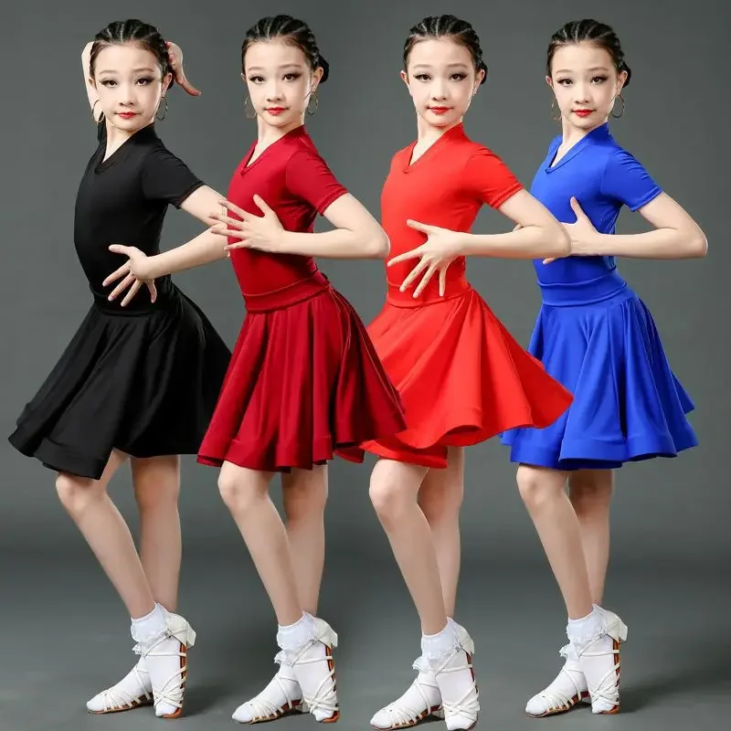 

2023 New Solid Color Dance Dress Latin Girl Children's Competition Regulations Performance Dress Large Hem Dress