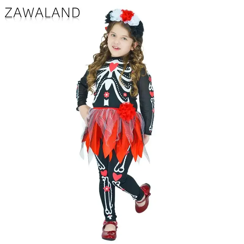 

Zawaland Halloween Girl Ghost Bride Costume Day of the Dead Cosplay Top Pants Dress Set Horror School Performance Skull Outfit