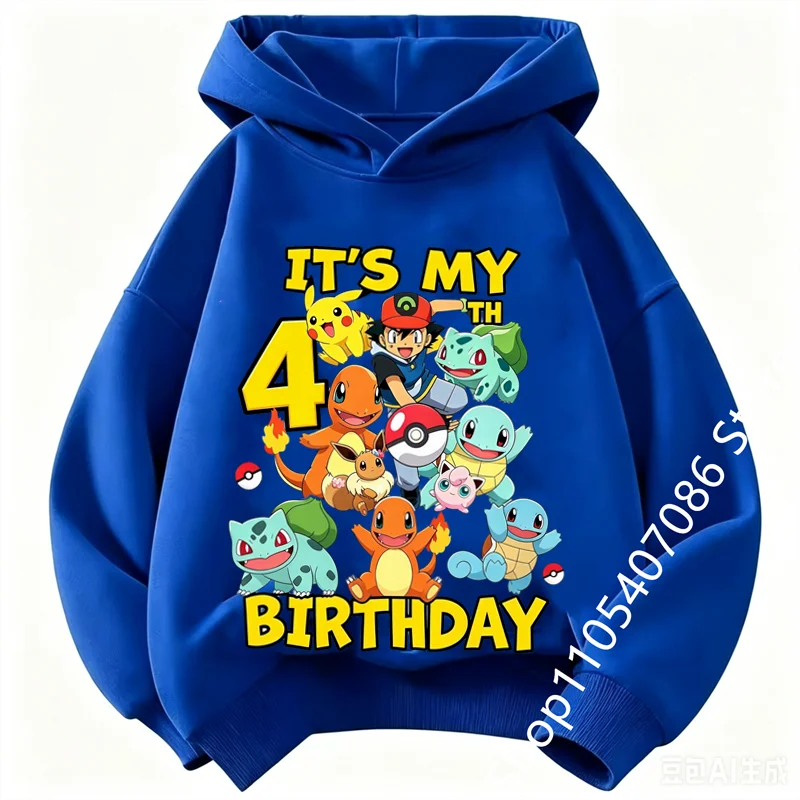 Autumn and winter Pikachu Kids Pure hoodie  Unisex Boys Girls 4-14Y Casual Birthday 1-9 number Top