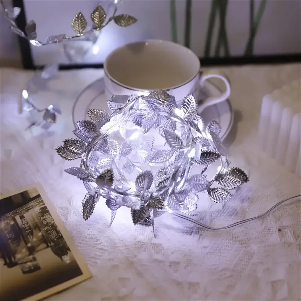 20/50/100LEDs Goldene Silber Winzige Blätter Fee Licht Batterie Powerd Künstliche Pflanze Girlande Reben Lichter Für hochzeit Home Party – Detail 11