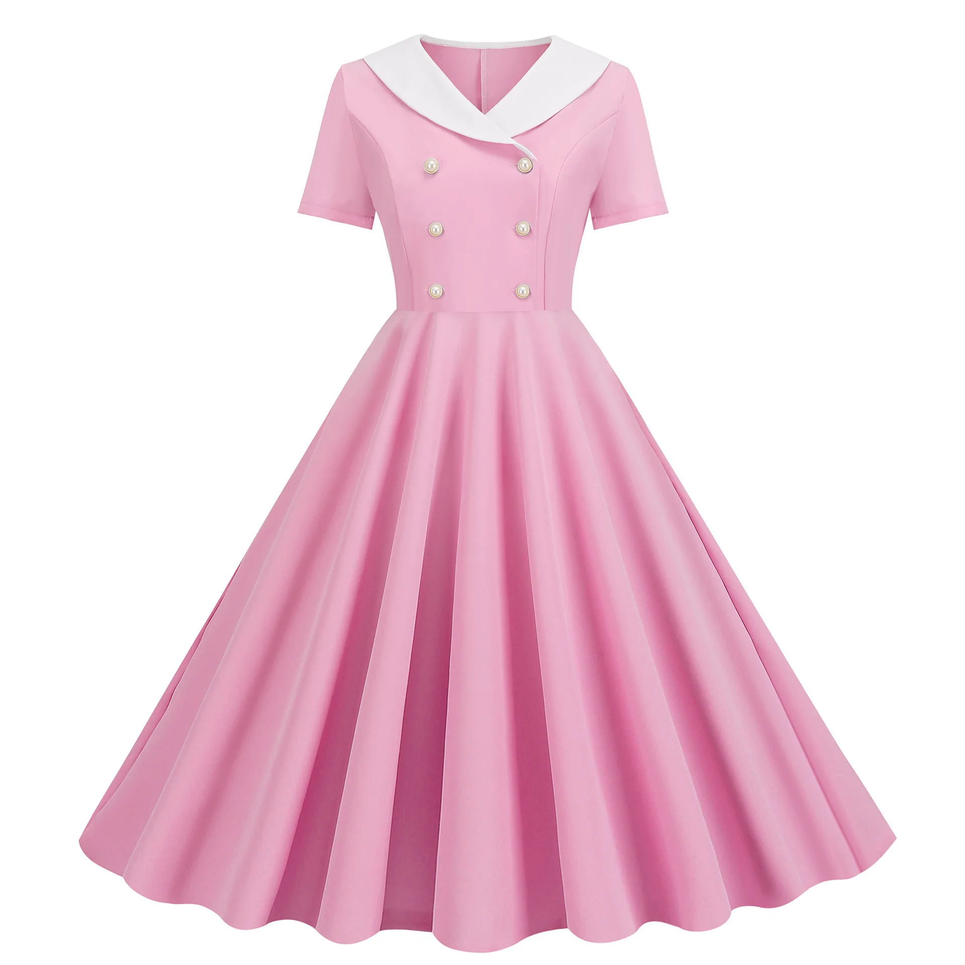 

Elegant Solid Color Hepburn Style Dresses Women New Fashion Vintage Buttons Short Sleeves A-line Dress Temperament Lady Vestidos