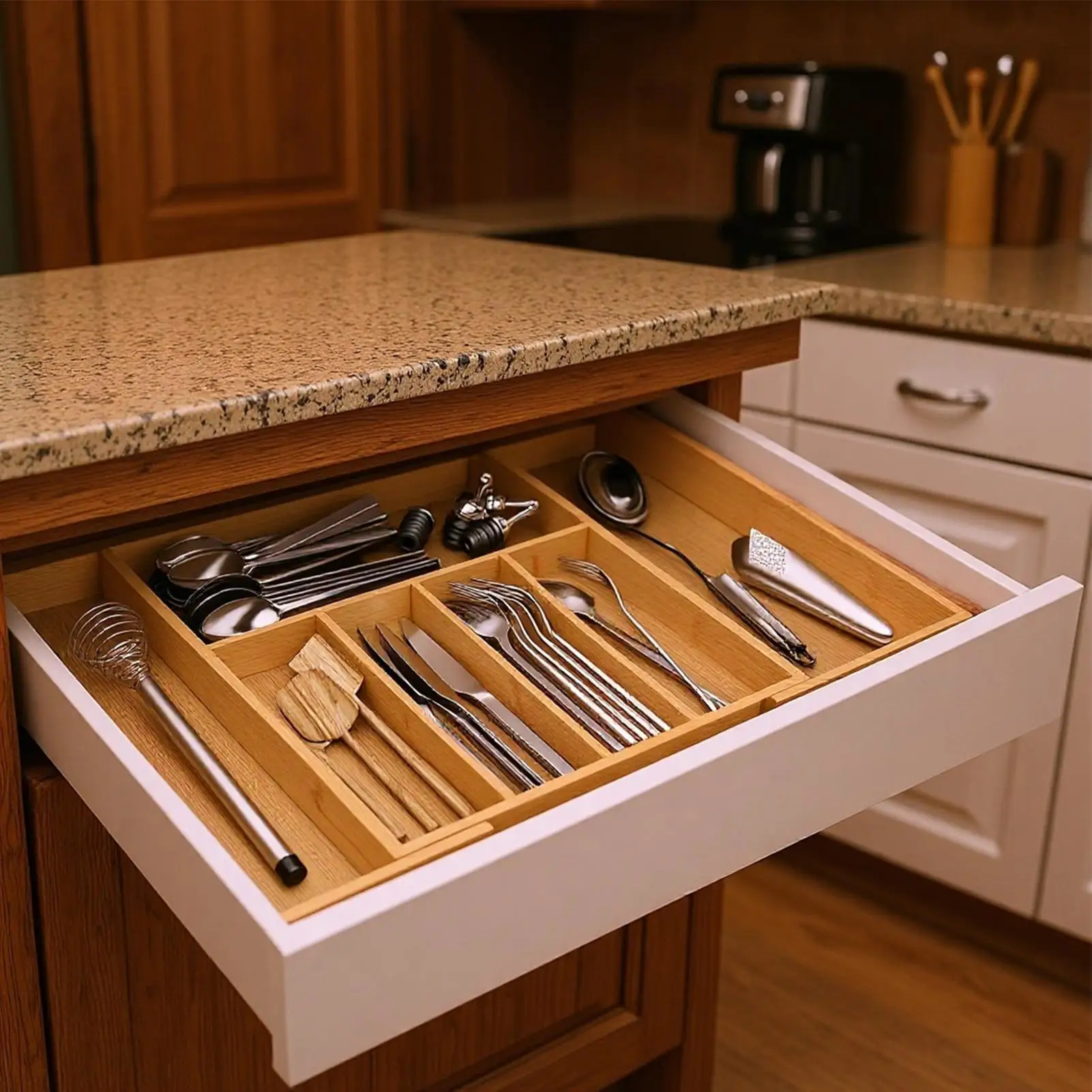 

Органайзер для ящиков: деревянный, расширяемый, с несколькими отделениями, лоток для столовых приборов, подставка для хранения в ящиках для дома, спальни, кухни, ресторана, офиса