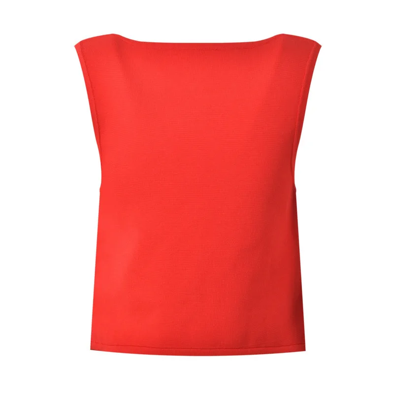 CHUJIE Dames 2025, zomers gebreid vest met rode knopen aan de voorkant + rok met hoge taille - mouwloze outfit van viscosemix met ronde hals