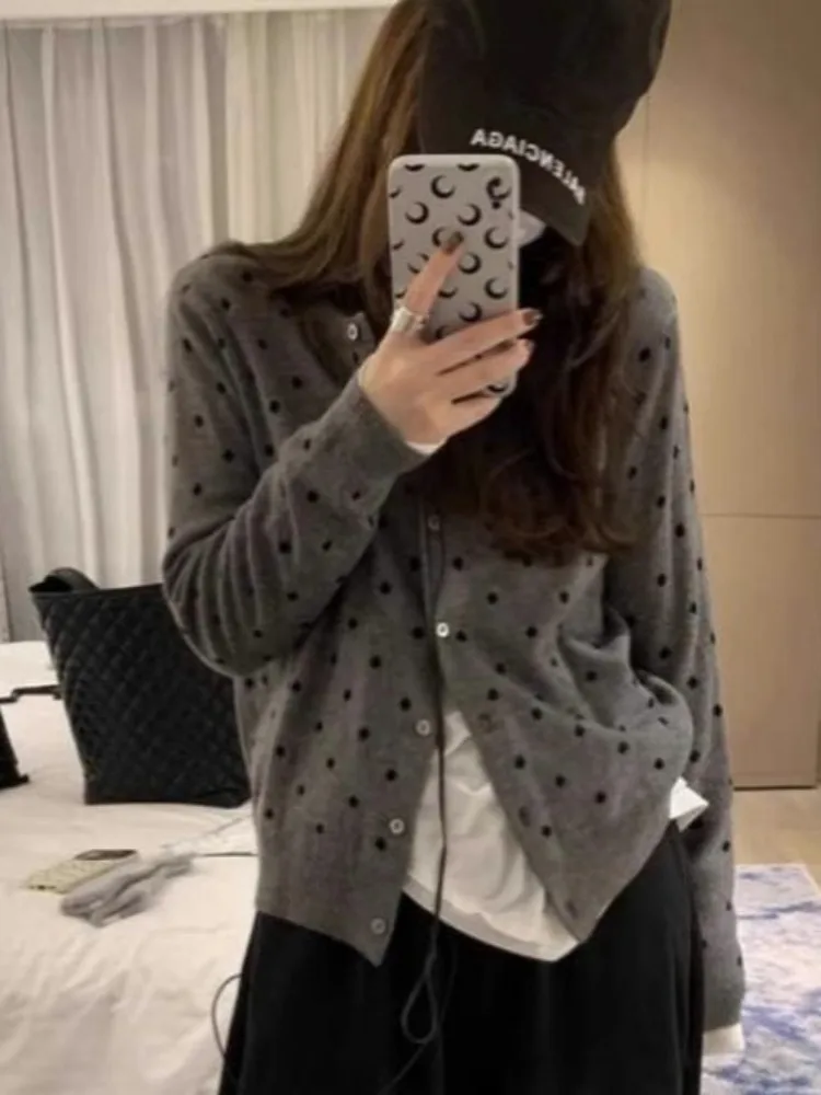 Temperament Knitted Sweater Cardigan Polka Dot Stacked Design Slimming Long sleeve Top Round Neck Soft Glutinous Sweater Jacket