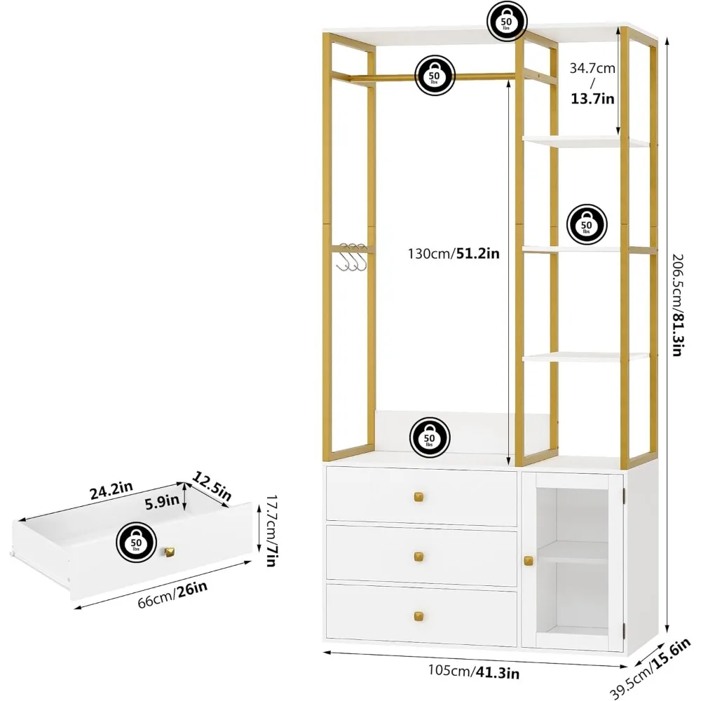 81.3” H Heavy Duty Clothes Rack with Cabinet, Drawer, and Shelf, Garment Rack Clothes Rack with Metal Frame