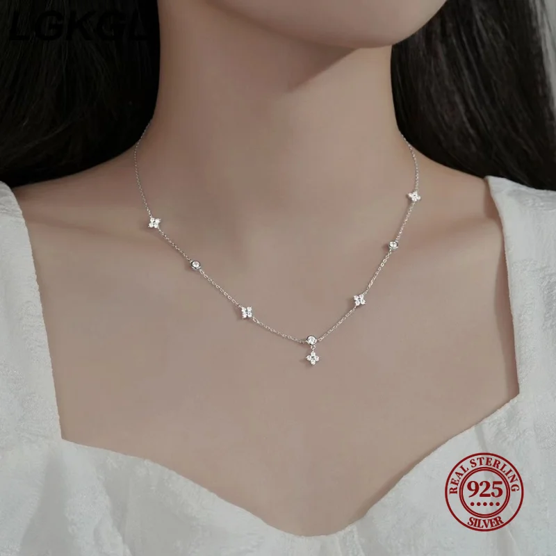 LGKGL Read S925 kalung bunga Zircon berkilau emas 18K berlapis perak murni untuk hadiah perhiasan pesta indah gadis wanita