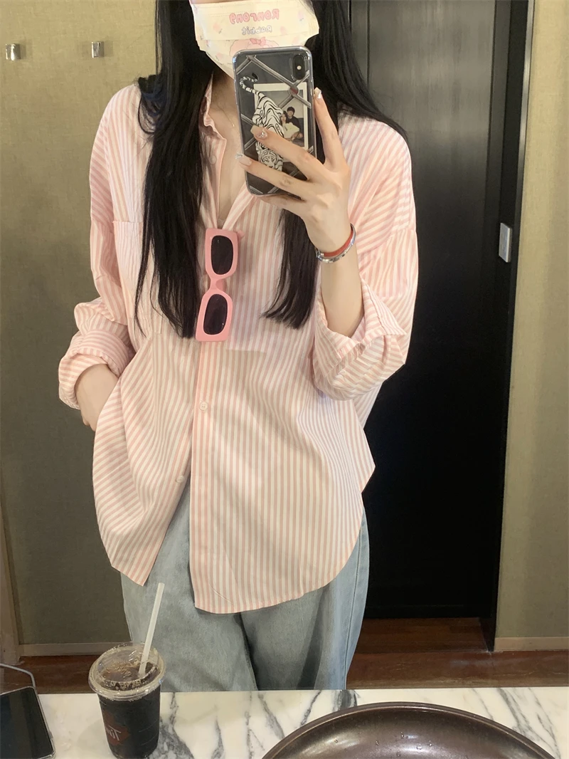 Pink Striped irt Jaet Women's Spring Autumn plus Size Slimming Long Sve  Collar Button up Casual Korean Sle Top