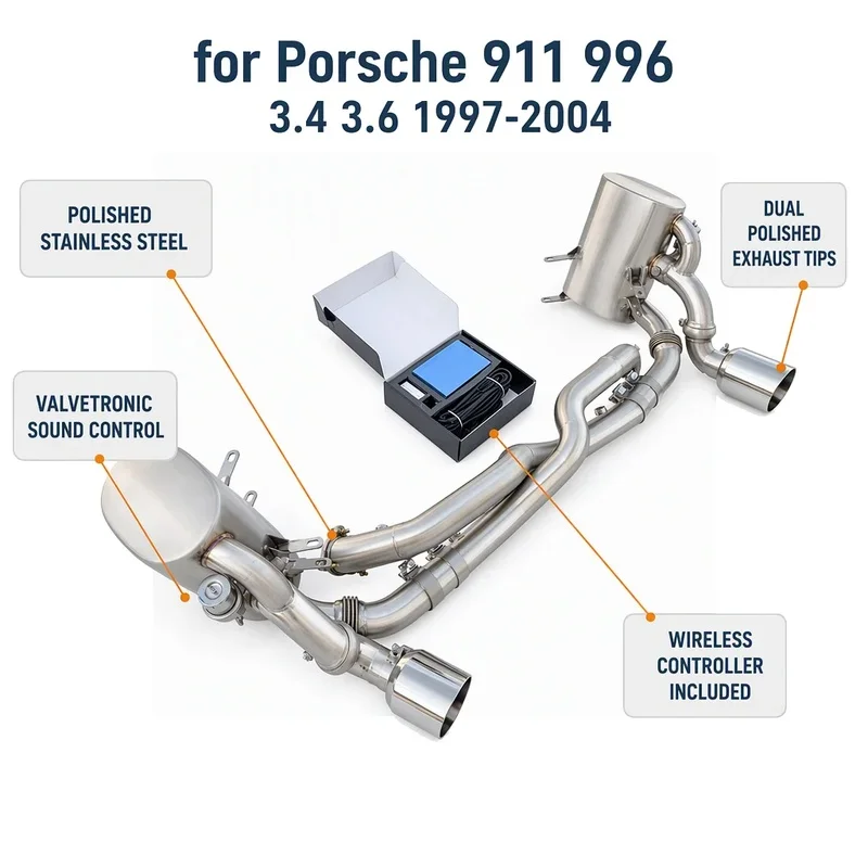 Titanium Non-Resonated TIG Welded Axleback Exhaust for Porsche 996 1997-2004 3.4L 3.6L Bolt On Deep Tone Performance Tuning