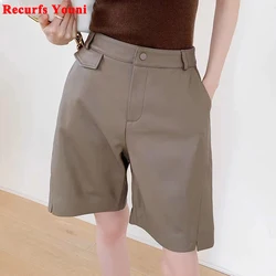 Sleek Stylish 2024 Autumn Sheepskin Mid Length Pants for Women Grey Versatile  Slimming Trousers Feminino Straight Leg Shorts