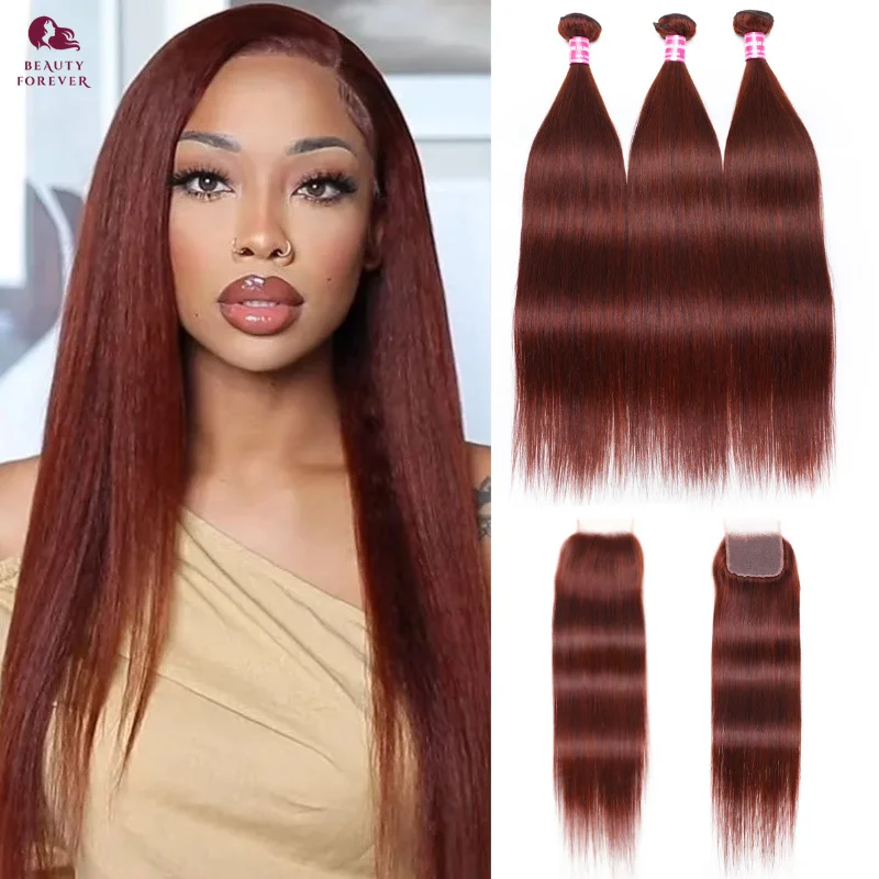 Beautyforever Reddish Brown Colored Bundles With Closure Grade 12A Brazilian Straight Raw Human Hair Bundles With Lace Closure