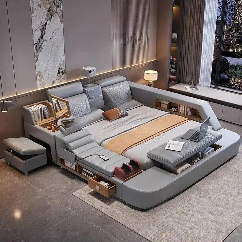 Leather Modern Bed Electronic Aesthetic Luxury Double Bed Smart Nightstands Somieres Y Marcos De Cama BedroomX